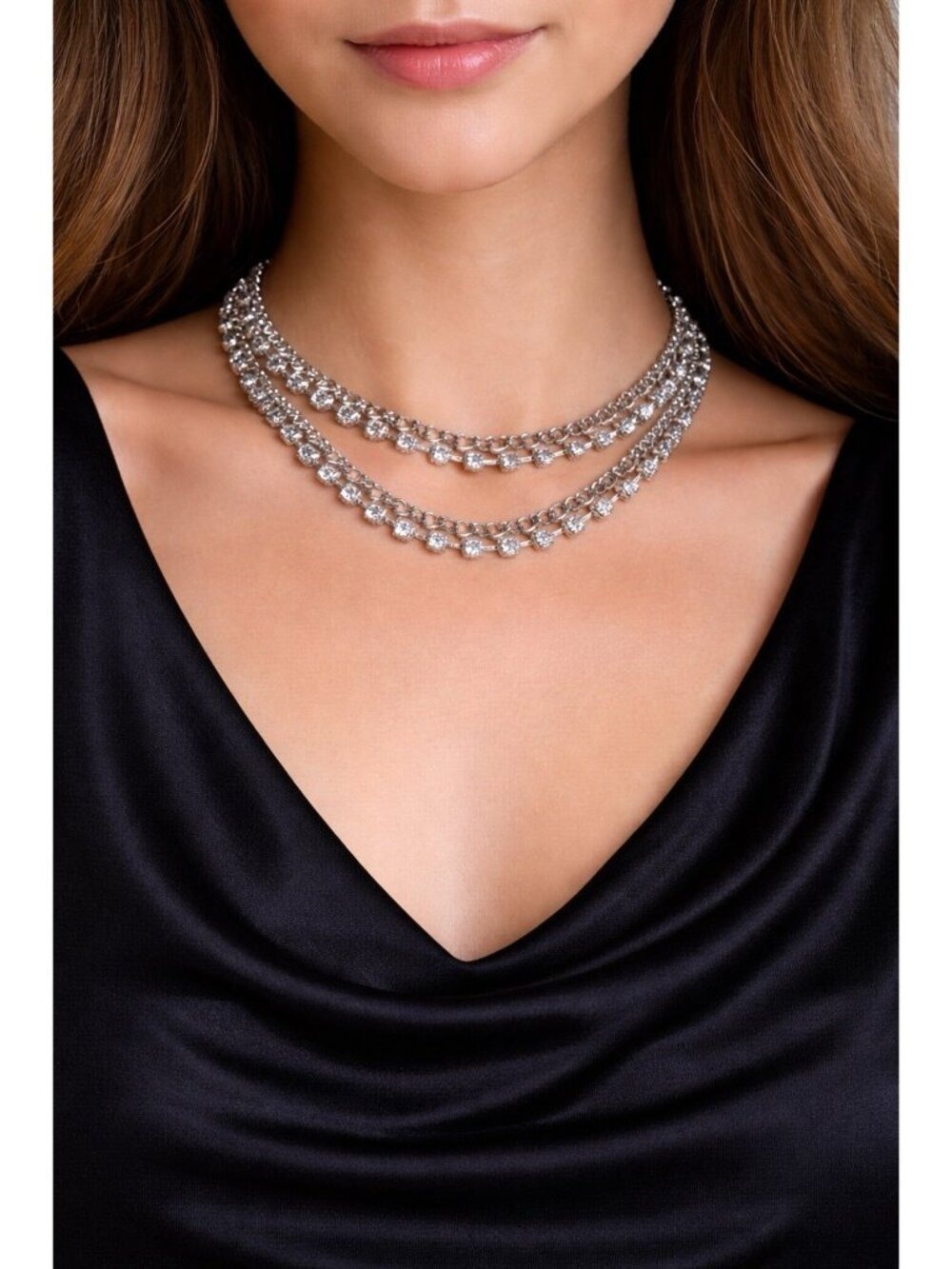 Chico's Rhinestone Double Chain Necklace 36 Silver Tone - Picture 2 of 6